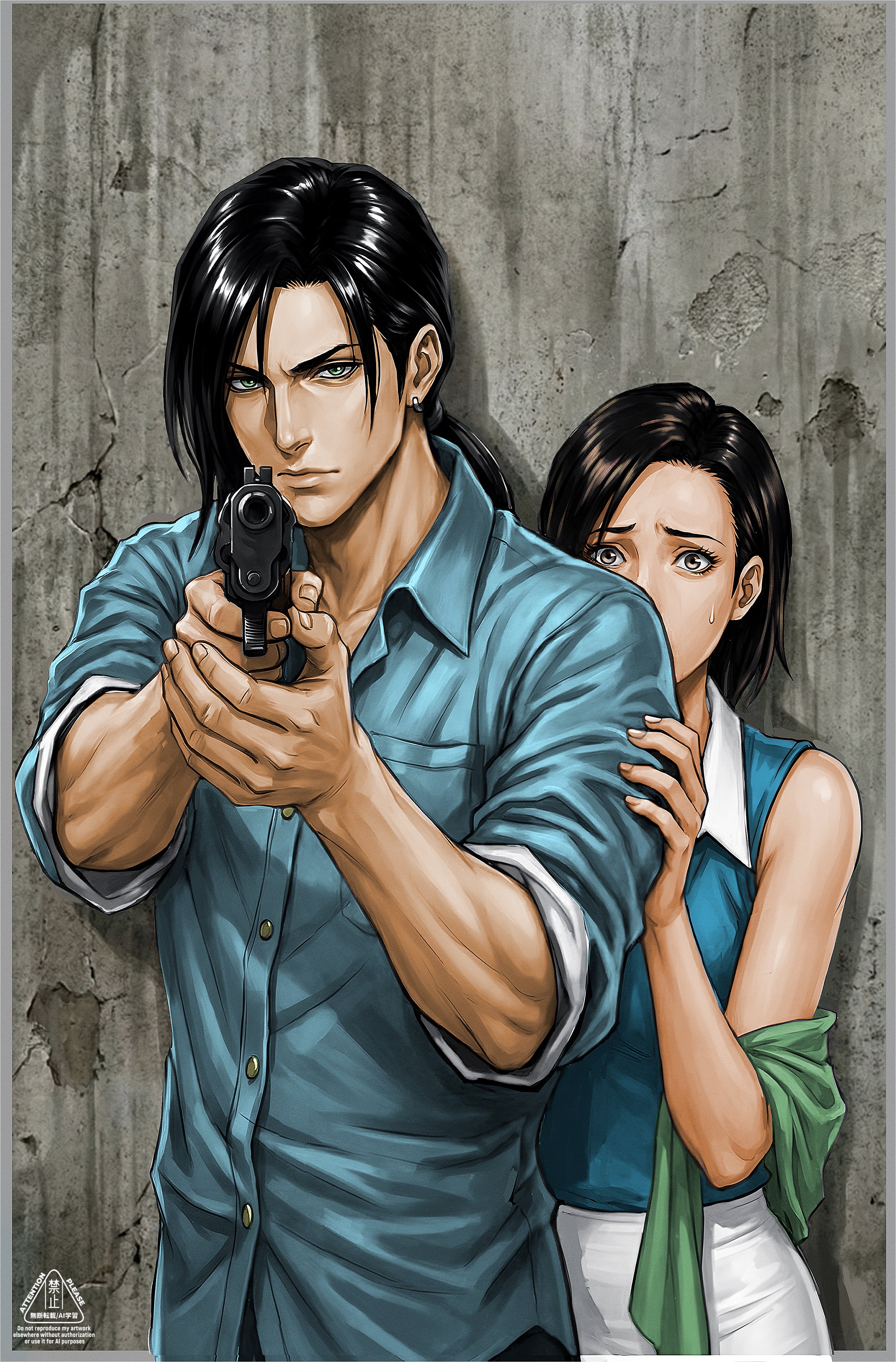 locke otaku, ellone, laguna loire, final fantasy, final fantasy viii, absurdres, commentary, english commentary, highres, 1boy, 1girl, adoptive parent and adoptive child, aiming, aiming at viewer, black hair, blue shirt, border, bullet hole, collared shirt, crack, cracked wall, father and daughter, furrowed brow, green shawl, grey border, hiding, hiding behind another, long hair, low ponytail, monochrome, parted bangs, ponytail, shawl, shirt, short hair, skirt, sleeveless, sleeveless shirt, sleeves rolled up, upper body, white skirt