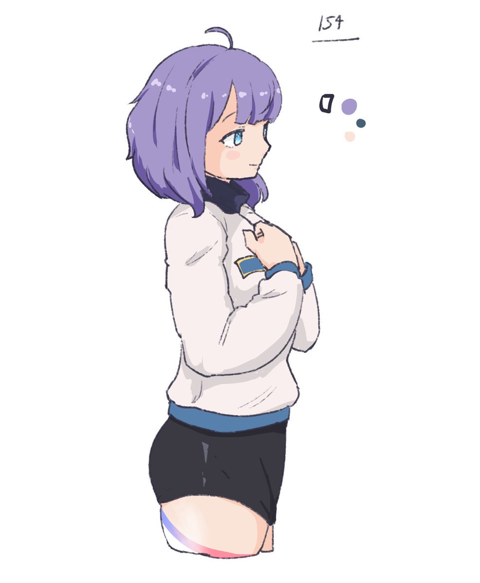 olto rondo, original, commentary request, 1girl, ahoge, black shorts, blue eyes, borrowed character, closed mouth, color guide, cropped legs, from side, hands on own chest, jacket, long sleeves, looking ahead, parted bangs, purple hair, short hair, short shorts, shorts, simple background, smile, solo, white background, white jacket