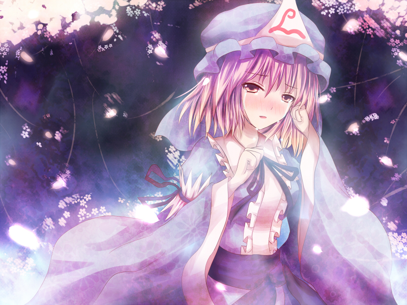 non (nobu), saigyouji yuyuko, touhou, 1girl, blush, female focus, flower, hat, long sleeves, mob cap, open mouth, petals, pink eyes, pink hair, ribbon, sad, short hair, solo, tears, wide sleeves