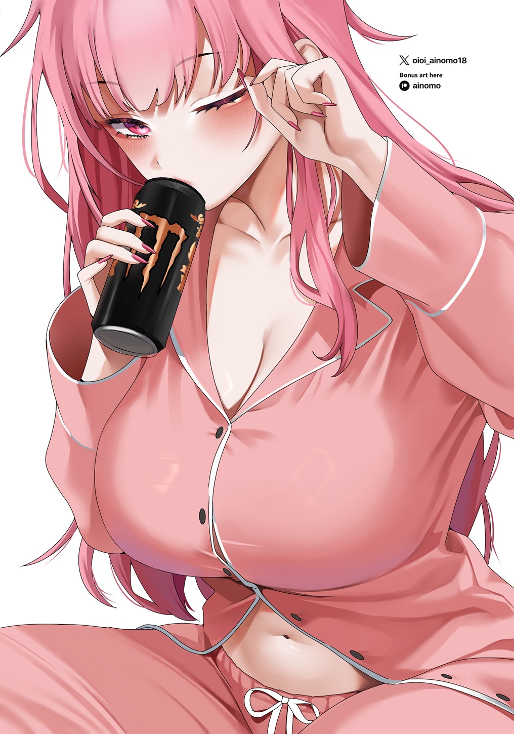 oioi ainomo, mori calliope, hololive, hololive english, monster energy, commentary, english commentary, highres, 1girl, breasts, can, cleavage, drinking, holding, holding can, large breasts, long hair, looking at viewer, nail polish, navel, one eye closed, pajamas, patreon username, pink eyes, pink hair, pink nails, pink pajamas, simple background, solo, twitter username, virtual youtuber, white background