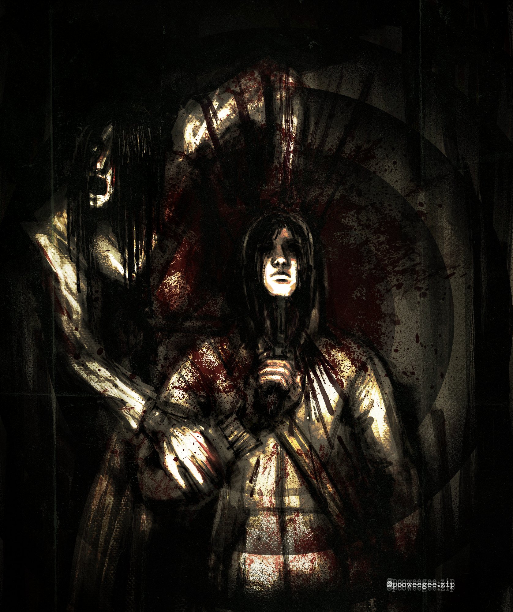 simon henriksson, cry of fear, commentary, english commentary, highres, 1boy, 1other, bag, black gloves, black hair, blood, blood splatter, cowboy shot, creature, fingerless gloves, gloves, grey hoodie, gun to chin, hand on another's arm, headshot, hood, hood up, hoodie, limited palette, long hair, looking at viewer, male focus, metalpooweegee, shoulder bag, spotlight, suicide