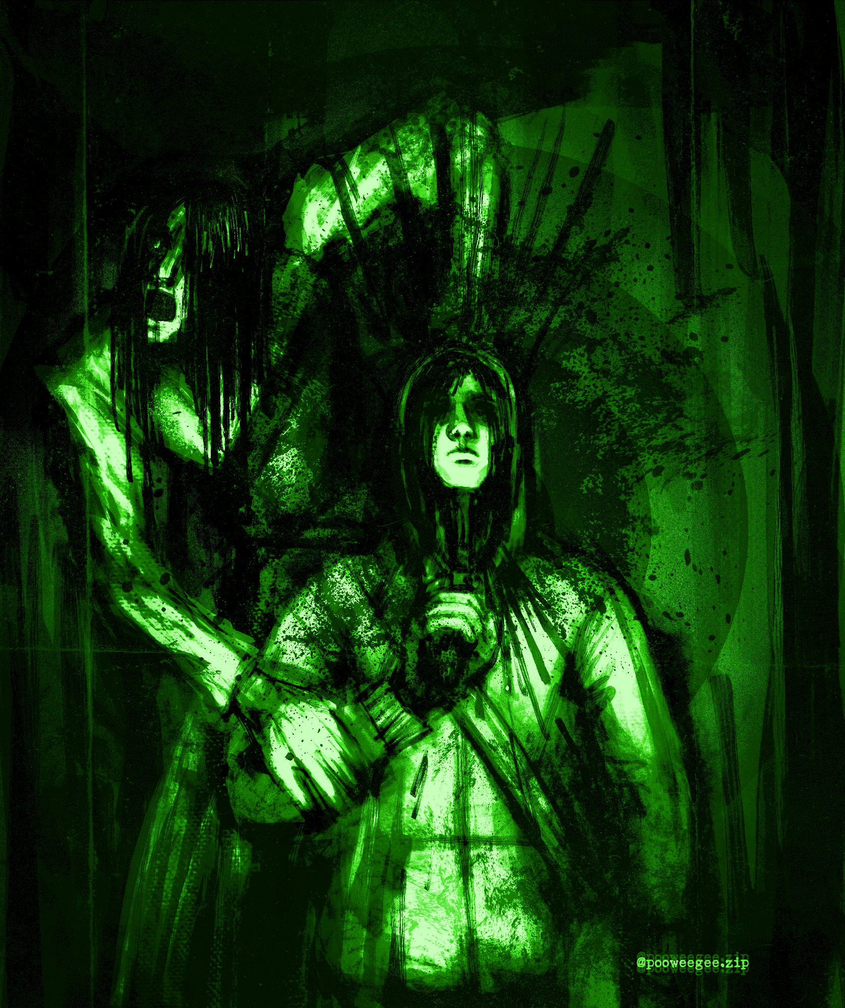 simon henriksson, cry of fear, commentary, english commentary, highres, variant set, 1boy, 1other, bag, black gloves, black hair, blood, blood splatter, cowboy shot, creature, fingerless gloves, gloves, green theme, grey hoodie, gun to chin, hand on another's arm, headshot, hood, hood up, hoodie, limited palette, long hair, looking at viewer, male focus, metalpooweegee, shoulder bag, spotlight, suicide