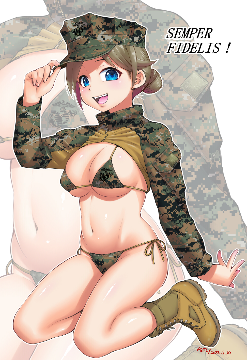 ebifly, original, united states marine corps, commentary request, highres, 1girl, :d, bikini, blue eyes, boots, breasts, camouflage, camouflage bikini, dated, fangs, green bikini, green hat, hand on headwear, hand up, hat, large breasts, latin text, long sleeves, looking at viewer, navel, open mouth, shrug (clothing), side-tie bikini bottom, signature, smile, solo, swimsuit, zoom layer
