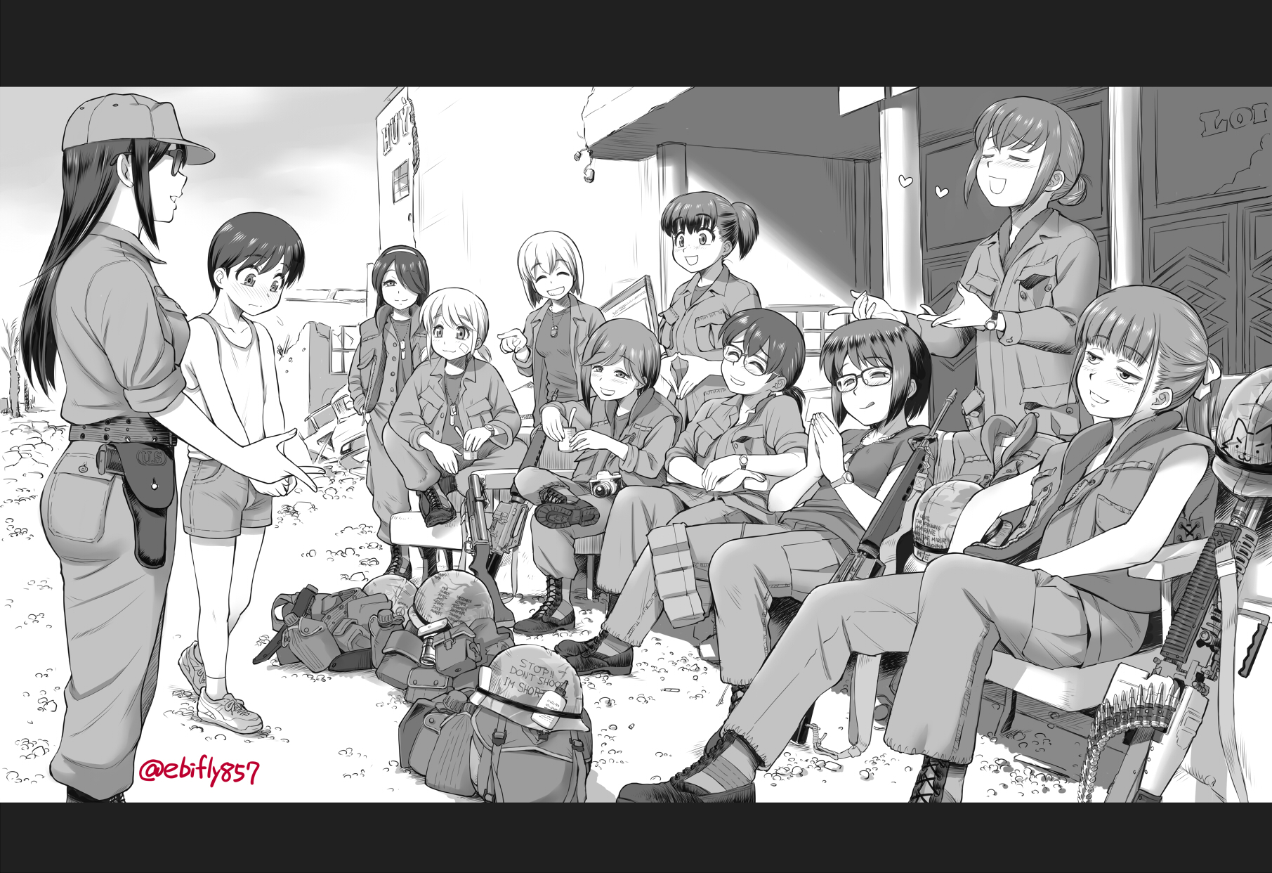 ebifly, full metal jacket, original, commentary request, highres, 1boy, 6+girls, age difference, army, ass, assault rifle, blush, boots, break action, breasts, combat boots, combat helmet, dog tags, flak jacket, grenade launcher, gun, handgun, heart, helmet, holding, holding gun, holding weapon, holster, holstered, imminent gangbang, jacket, large breasts, licking lips, m16, m16a1, m1911, m60 (machine gun), m79, machine gun, military, military combat uniform, military fatigues, military uniform, multiple girls, rifle, ruins, shirt, short hair, shorts, singlet, sitting, smile, soldier, squatting, sunglasses, tet offensive, tongue, tongue out, vietnam war, weapon, you gonna get raped