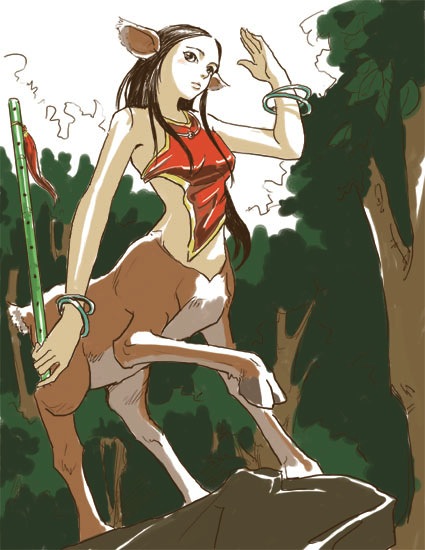 1girl, animal ears, bottomless, bracelet, brown eyes, brown hair, centauroid, deer, female focus, jewelry, long hair, monster girl, solo, taur