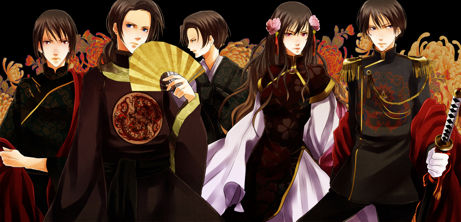 kanameyura, china (hetalia), hong kong (hetalia), japan (hetalia), korea (hetalia), taiwan (hetalia), axis powers hetalia, bad id, bad pixiv id, 00s, 1girl, 4boys, chinese clothes, epaulettes, flower, folding fan, hair flower, hair ornament, hand fan, holding, holding fan, japanese clothes, multiple boys, sword, weapon