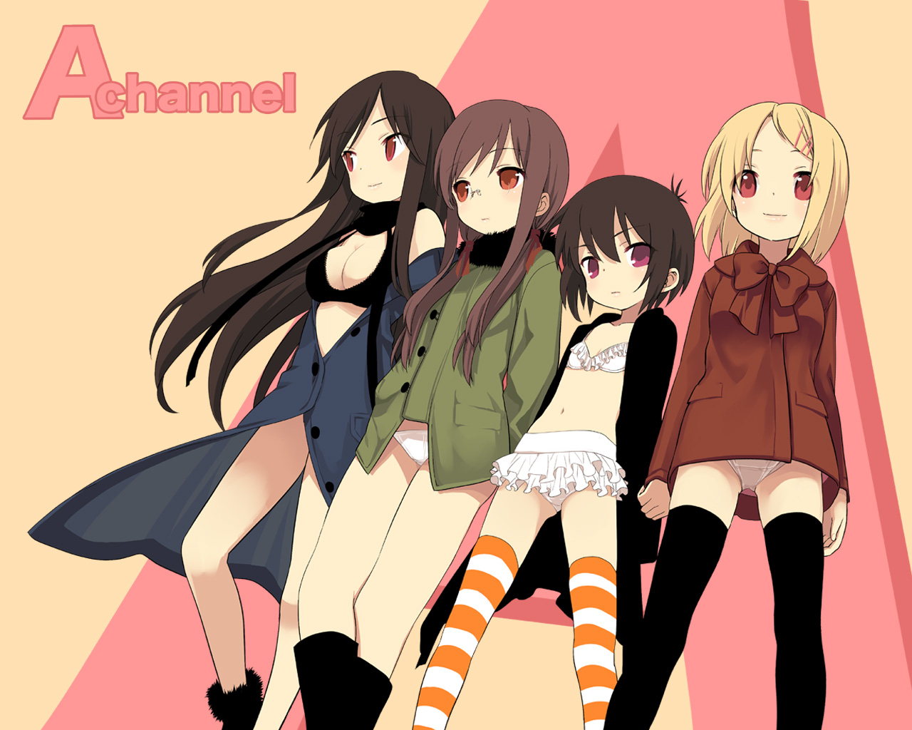 kuroda bb, ichii tooru, momoki run, nishi yuuko, tennouji nagisa, a channel, official art, 4girls, bare shoulders, black bra, black hair, boots, bow, bra, breasts, brown hair, cleavage, frilled panties, frills, glasses, hair ornament, hairclip, lingerie, long hair, multiple girls, navel, panties, red eyes, short hair, thighhighs, underwear, upskirt, white bra, white panties