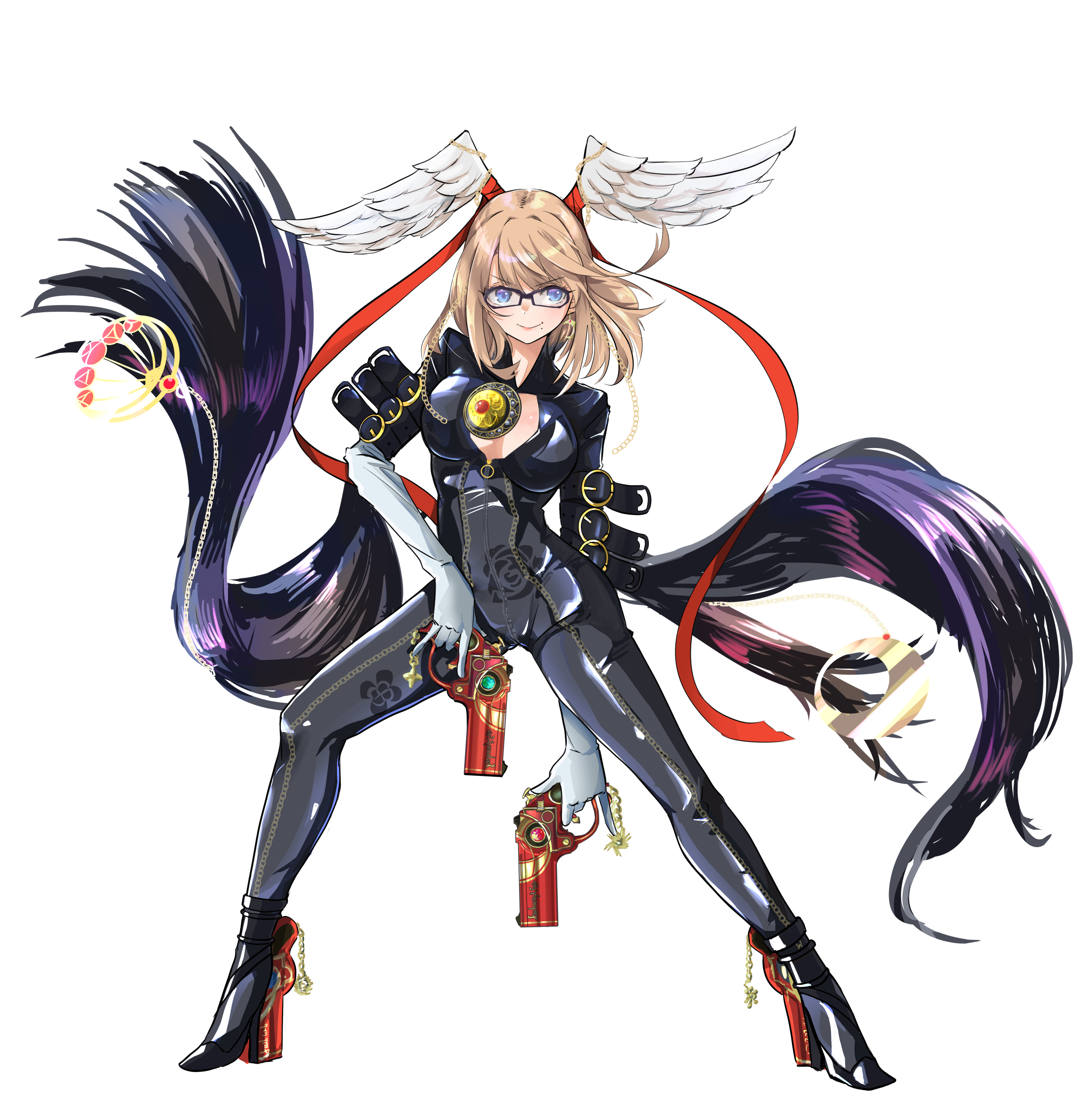 sofusan1526, bayonetta, eunie (xenoblade), bayonetta (series), bayonetta 1, xenoblade chronicles (series), xenoblade chronicles 3, commentary request, commission, highres, 1girl, bayonetta (cosplay), black bodysuit, blue eyes, bodysuit, breasts, brown hair, cleavage, cosplay, feathered wings, full body, glasses, gloves, gun, head wings, holding, holding gun, holding weapon, medium breasts, medium hair, quadruple wielding, simple background, weapon, white background, white gloves, wings