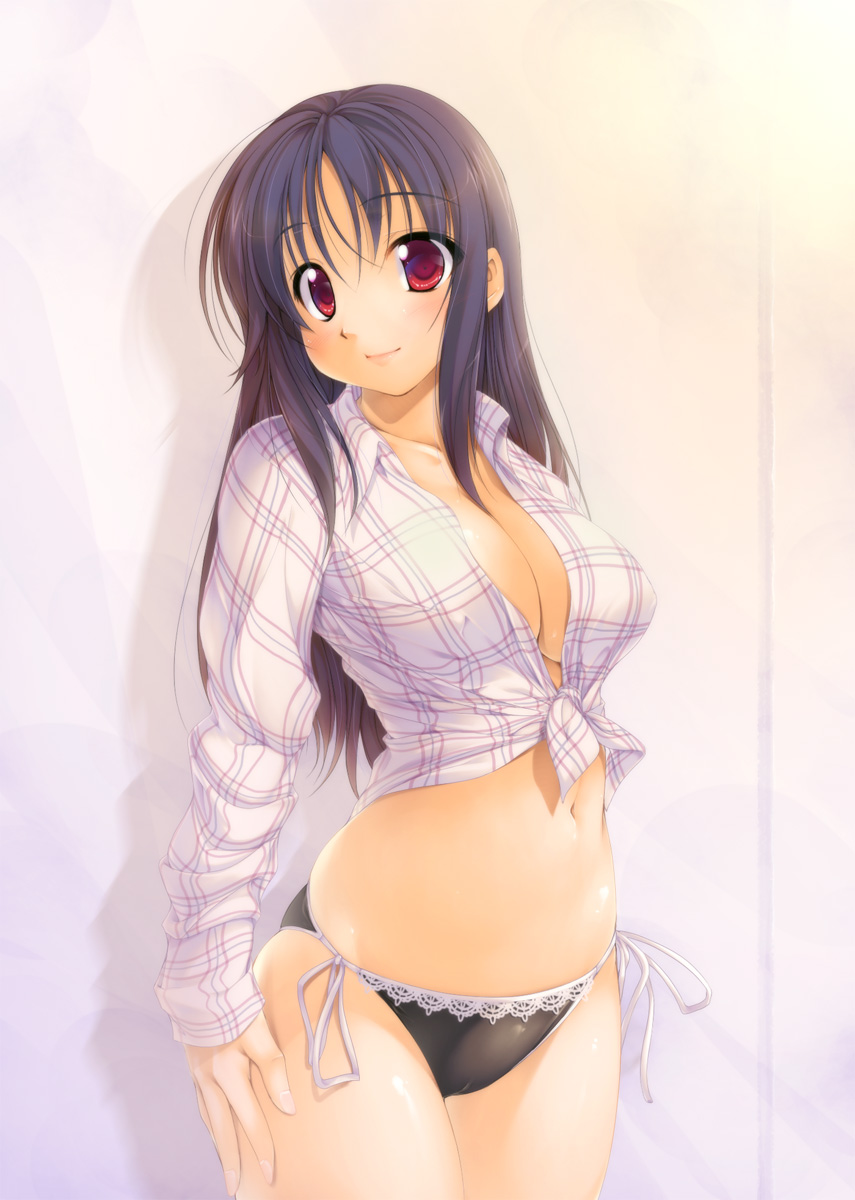 ishii akira, original, highres, 1girl, black hair, black panties, breasts, cleavage, female focus, front-tie top, large breasts, long hair, midriff, navel, panties, plump, red eyes, shirt, side-tie panties, skindentation, smile, solo, tied shirt, underwear