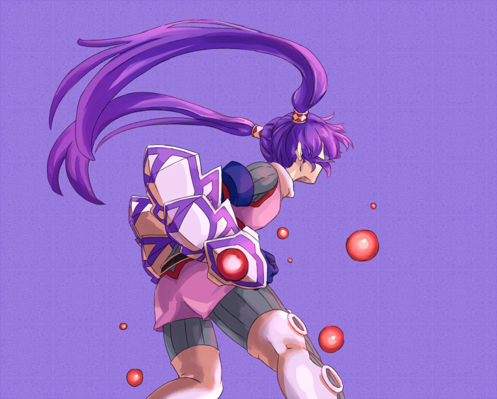 shibasaki shouji, sophie (tales), tales of (series), tales of graces, bad id, bad pixiv id, 1girl, armor, female focus, gauntlets, long hair, purple background, purple hair, simple background, solo, twintails