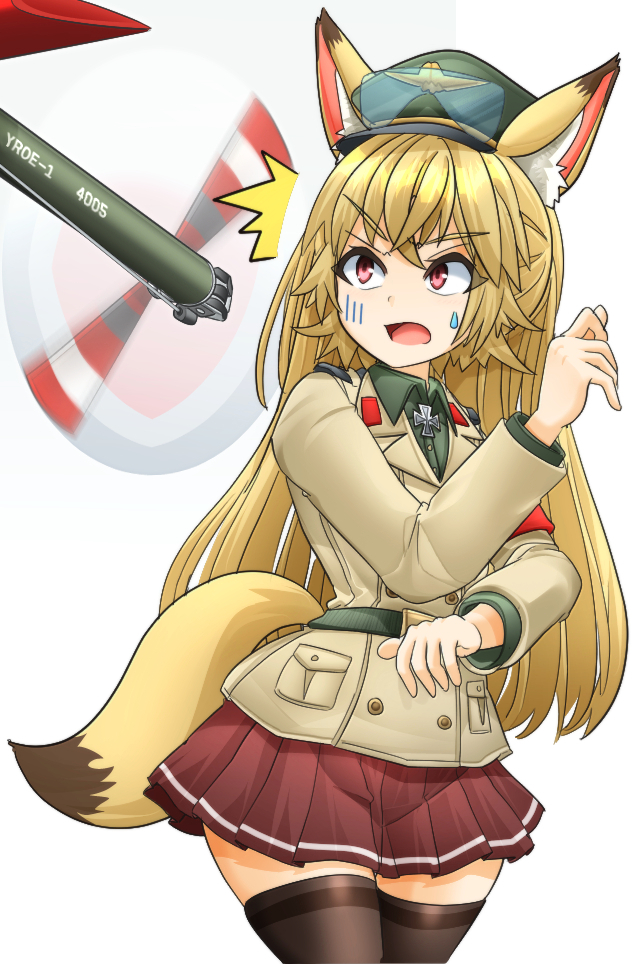 mikeran (mikelan), original, commentary request, partial commentary, translation request, 1girl, ^^^, animal ears, black thighhighs, blonde hair, brown jacket, cross, dress shirt, fox ears, fox girl, fox tail, frown, gloom (expression), goggles, goggles on headwear, green hat, green shirt, hat, hiller yroe-1, iron cross, jacket, long hair, long sleeves, looking to the side, military uniform, miniskirt, motion blur, open mouth, peaked cap, red eyes, red skirt, shirt, skirt, solo, standing, sweatdrop, tail, thighhighs