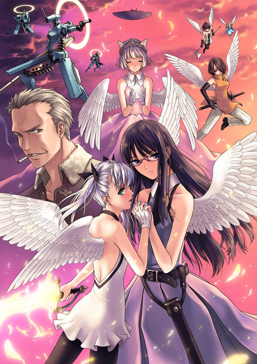 takekawa shin, original, highres, 1boy, 5girls, 6+girls, angel wings, breasts, brown hair, dress, gun, long hair, multiple girls, outdoors, pantyhose, robot, short hair, sky, sword, weapon, wings