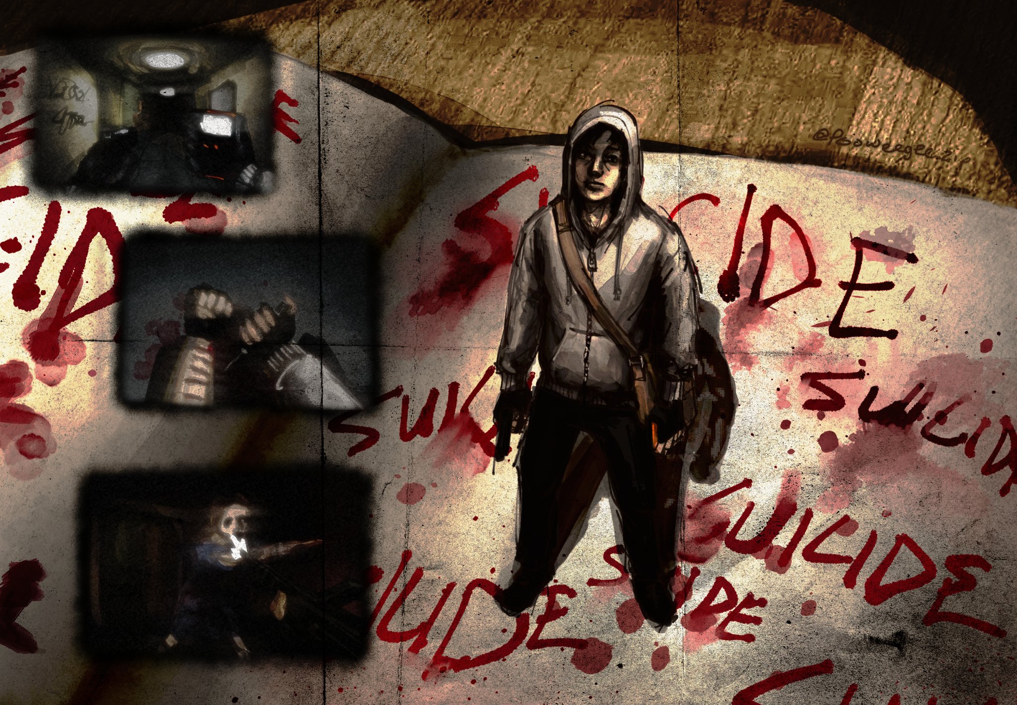 simon henriksson, cry of fear, commentary, derivative work, english commentary, highres, screenshot redraw, 1boy, bag, black hair, blood, blood splatter, book, english text, full body, grey hoodie, gun, handgun, holding, holding gun, holding phone, holding weapon, hood, hood up, hoodie, injection, male focus, metalpooweegee, multiple views, open book, outstretched arm, oversized object, phone, self-harm, short hair, shoulder bag, track marks, weapon, wrist cutting