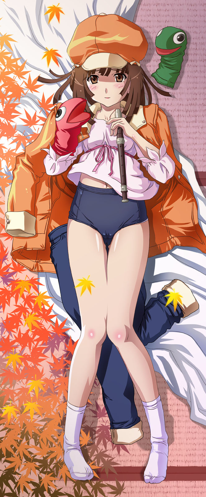 tooo, sengoku nadeko, bakemonogatari, monogatari (series), highres, long image, tall image, 00s, 1girl, blush, bow, brown eyes, brown hair, buruma, cameltoe, feet, female focus, flute, hand puppet, hat, holding, holding flute, holding instrument, instrument, jacket, jacket on shoulders, leaf, legs, long legs, lying, maple leaf, newsboy cap, on back, puppet, recorder, socks, solo, thigh gap, thighs