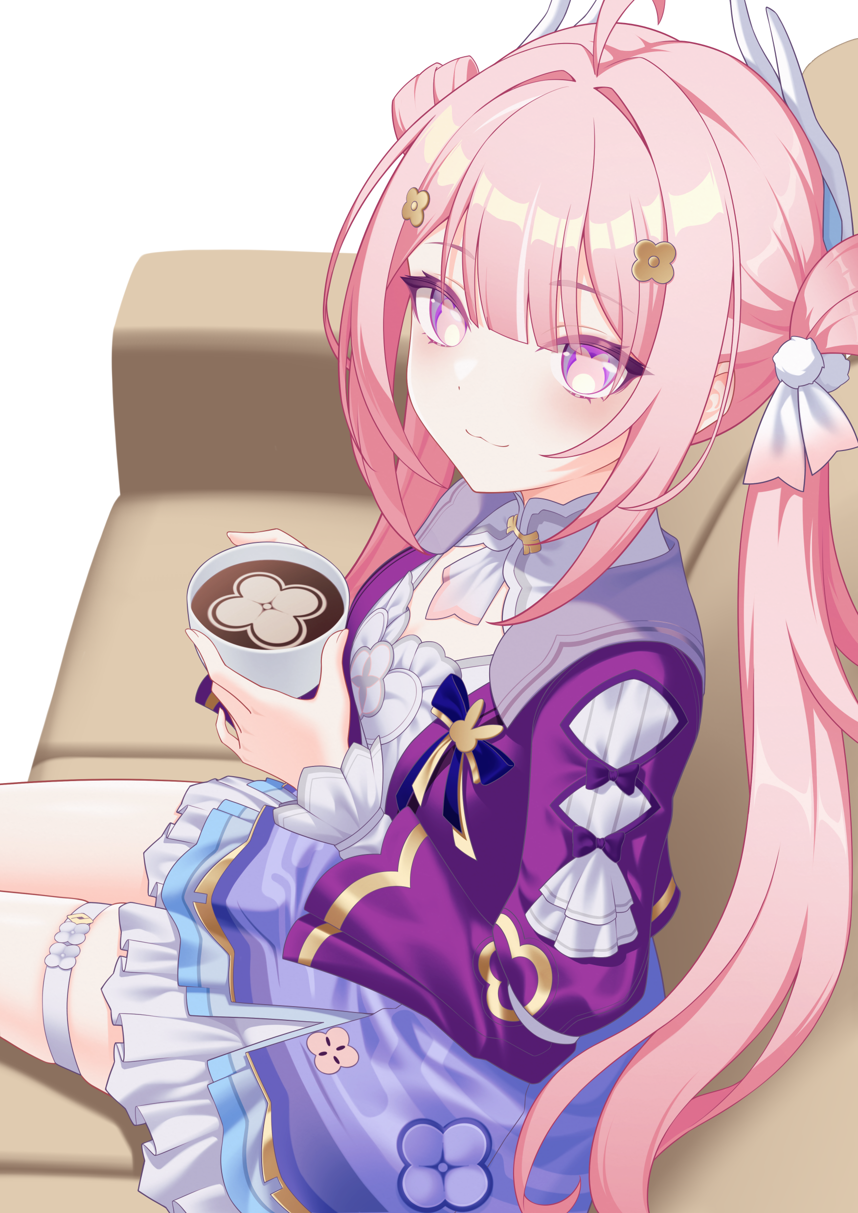 sasaki3rd, honkai (series), honkai impact 3rd, absurdres, commentary request, highres, 1girl, breasts, coffee, coffee mug, couch, cup, dress, holding, holding cup, jacket, long hair, looking at viewer, mug, on couch, pink hair, purple dress, purple eyes, purple jacket, simple background, sitting, small breasts, smile, solo, twintails, very long hair, white background, youyun (honkai impact)