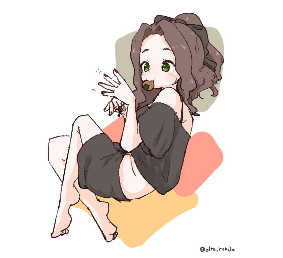 olto rondo, original, 1girl, applying manicure, bare shoulders, barefoot, black shirt, black shorts, brown hair, fingernails, food in mouth, forehead, full body, green eyes, long hair, looking at hand, mouth hold, nail polish, painting nails, raised eyebrows, red nails, shirt, shorts, solo, white background
