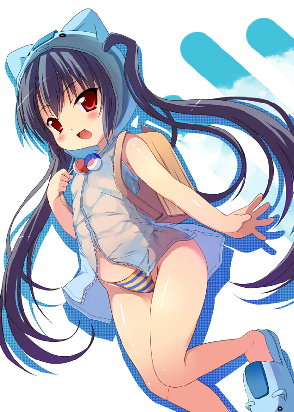 fhara, kooh (pangya), pangya, 1girl, animal ears, backpack, bag, black hair, blush, cat ears, female focus, flat chest, hat, loli, long hair, panties, randoseru, red eyes, side-tie panties, slippers, solo, striped clothes, striped panties, twintails, underwear, very long hair