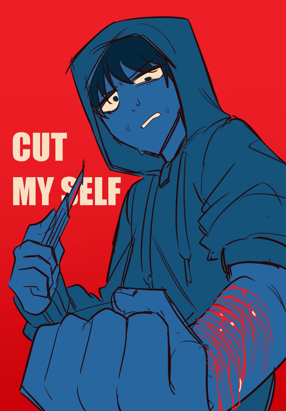 simon henriksson, cry of fear, commentary request, highres, korean commentary, 1boy, blue hoodie, clenched hand, color contrast, constricted pupils, gam chihot, half-closed eye, holding razor blade, hood, hood up, hoodie, looking at viewer, male focus, nervous sweating, razor blade, self-harm, sleeves rolled up, solo, sweat, sweatdrop, wrist cutting