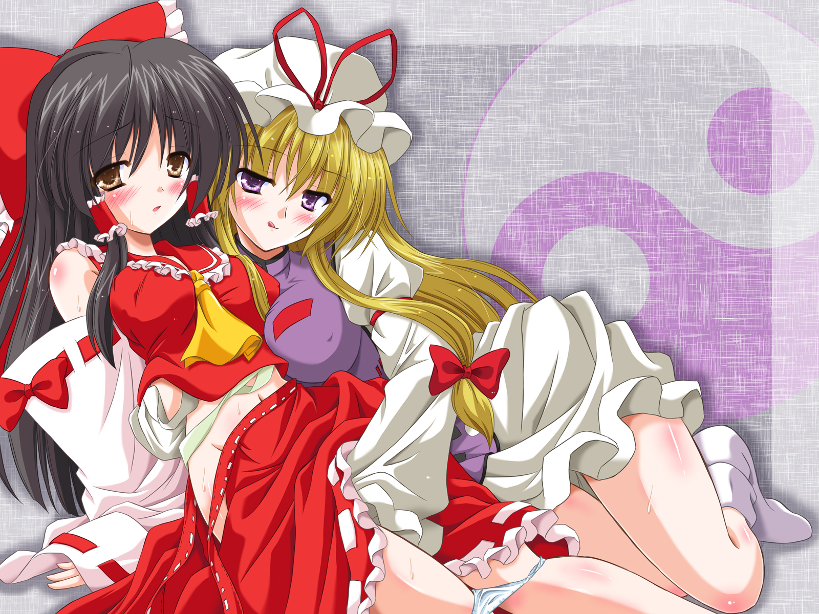 yamu (reverse noise), hakurei reimu, yakumo yukari, touhou, highres, 2girls, :q, black hair, blonde hair, blush, bow, breasts, brown eyes, covered erect nipples, female focus, fingering, long hair, midriff, multiple girls, navel, open clothes, open skirt, panties, panty pull, purple eyes, ribbon, sarashi, skirt, tongue, tongue out, underwear, yuri
