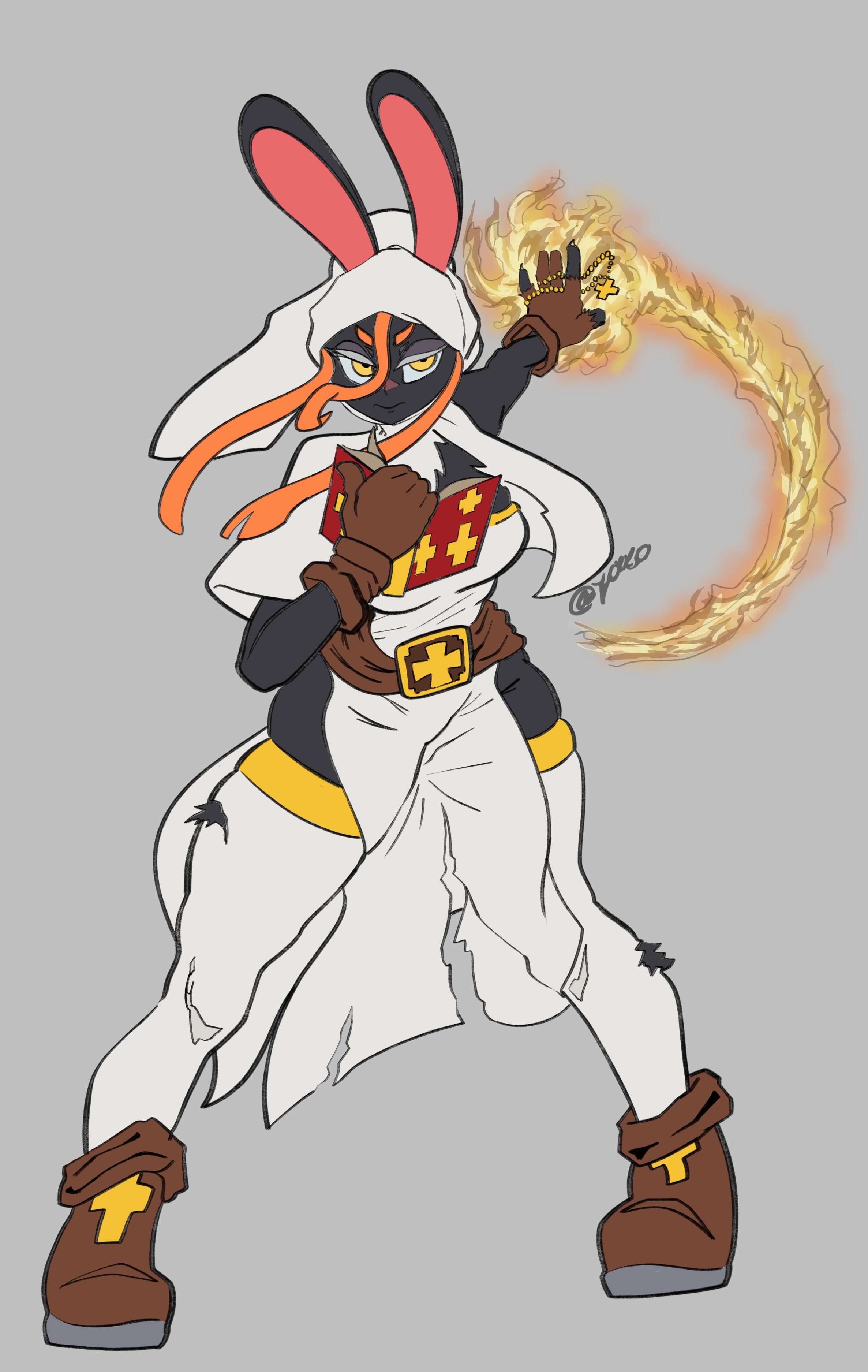 yokkolite, mage bun (niking), original, absurdres, commentary, english commentary, highres, 1girl, 2025, bare shoulders, black fur, book, boots, borrowed character, breasts, brown boots, brown gloves, cross, detached collar, dress, female focus, fire, floating hair, full body, gloves, gold trim, grey background, groin, headdress, holding, holding book, legs apart, magic, medium breasts, orange hair, parted lips, pelvic curtain, rabbit ears, sidelocks, simple background, skindentation, solo, thick thighs, thighhighs, thighs, torn clothes, torn thighhighs, white dress, white headdress, white thighhighs, yellow eyes