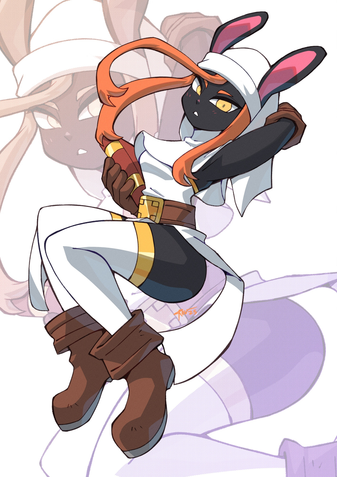 corviwing, mage bun (niking), original, commentary, english commentary, highres, 1girl, 2025, bare shoulders, black fur, book, boots, borrowed character, breasts, brown boots, brown gloves, detached collar, dress, female focus, full body, gloves, gold trim, groin, headdress, holding, holding book, orange hair, parted lips, pelvic curtain, rabbit ears, sidelocks, simple background, small breasts, solo, thighhighs, thighs, white background, white dress, white headdress, white thighhighs, yellow eyes, zoom layer