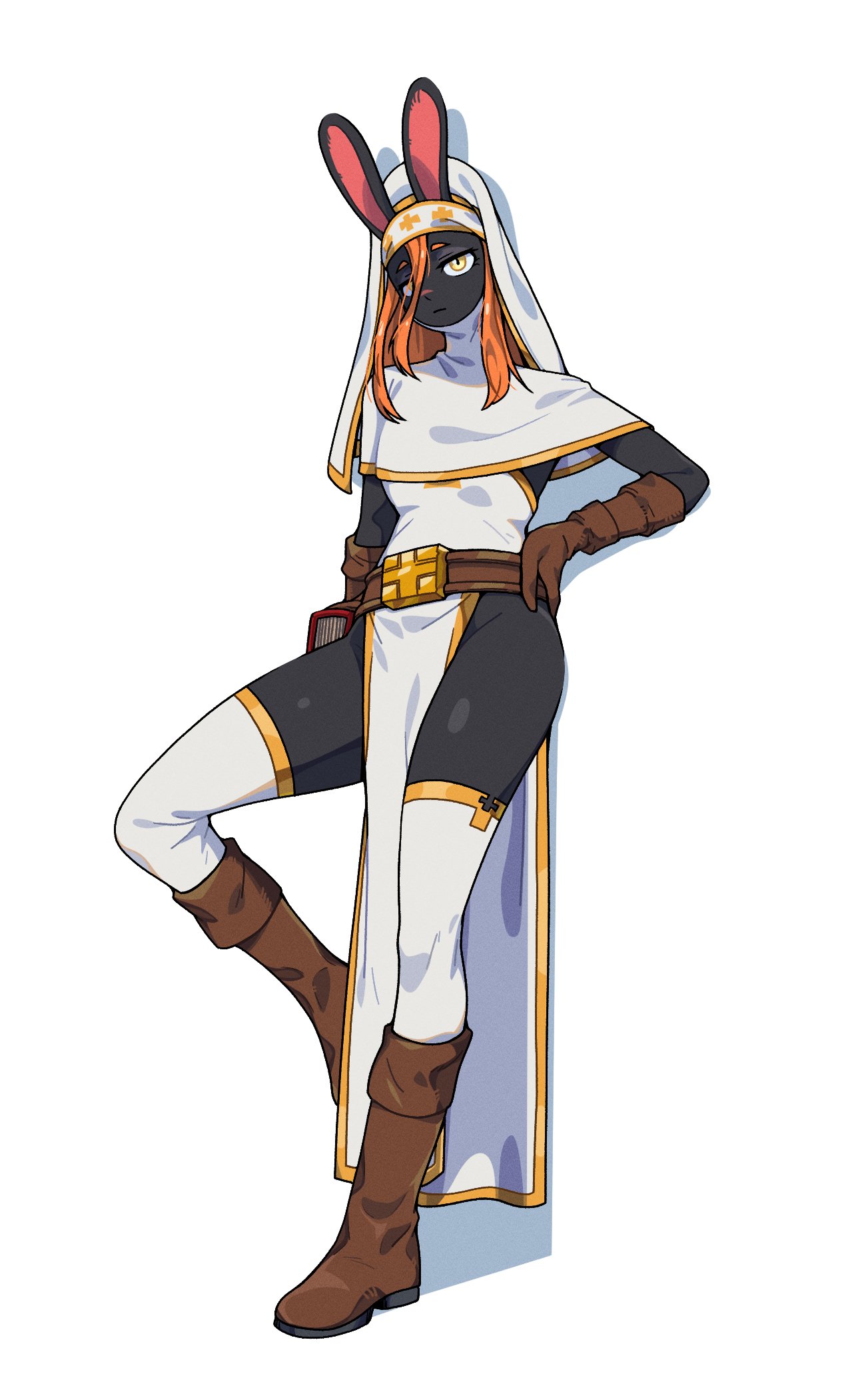 this is nulia, mage bun (niking), original, commentary, highres, korean commentary, 1girl, 2025, bare shoulders, black fur, book, boots, borrowed character, breasts, brown boots, brown gloves, detached collar, dress, expressionless, female focus, full body, gloves, gold trim, groin, headdress, holding, holding book, leaning back, orange hair, pelvic curtain, rabbit ears, sidelocks, simple background, small breasts, solo, standing, standing on one leg, thighhighs, thighs, white background, white dress, white headdress, white thighhighs, yellow eyes