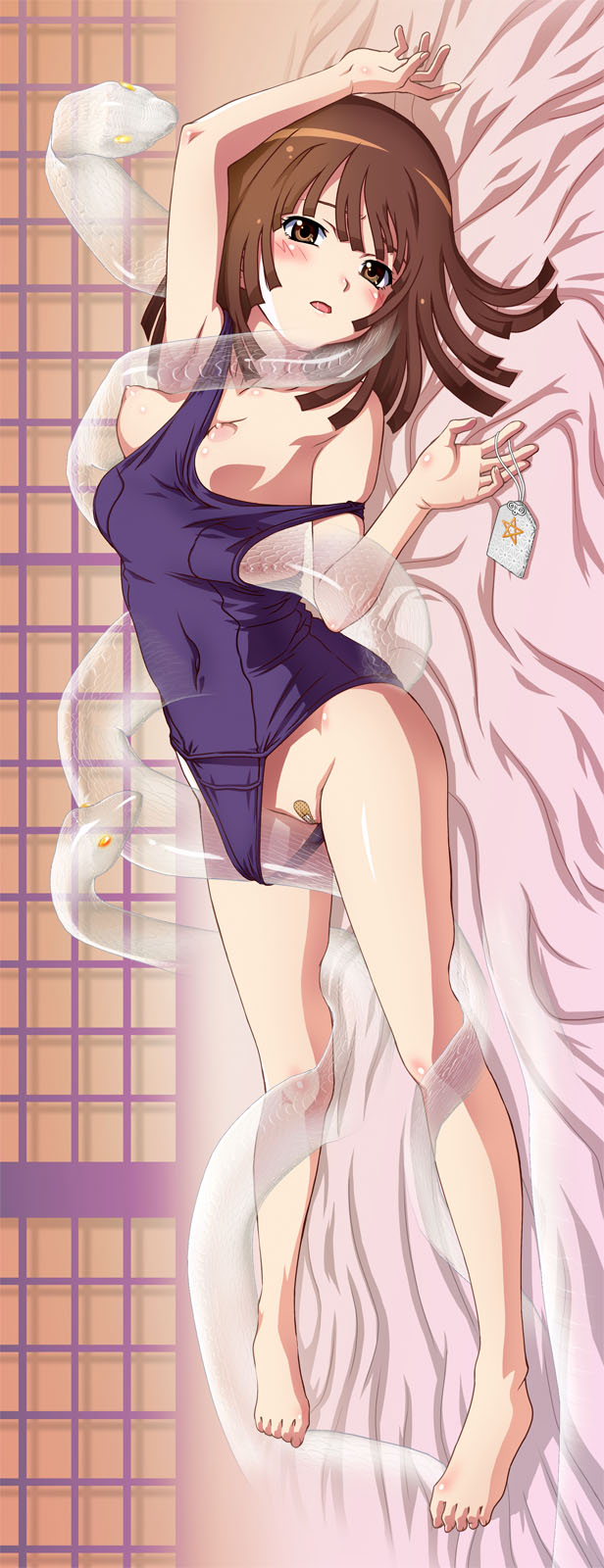 tooo, sengoku nadeko, bakemonogatari, monogatari (series), bad id, bad pixiv id, highres, 00s, 1girl, animal, animal in clothes, bandaid, bandaid on pussy, barefoot, blush, breast lift, breasts, brown eyes, brown hair, clothes pull, clothing aside, feet, female focus, legs, long legs, lying, nipples, omamori, on side, one-piece swimsuit, one-piece swimsuit pull, open mouth, puffy nipples, school swimsuit, see-through clothes, shared clothes, sideways, snake, solo, swimsuit, swimsuit aside, wrapped