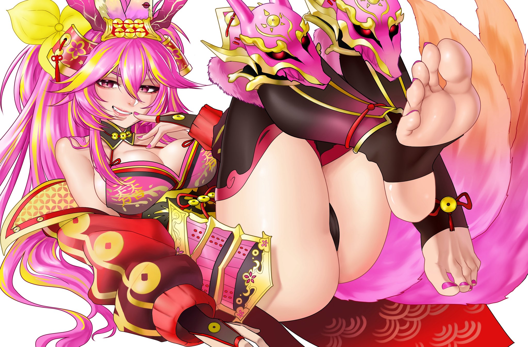 miracleseedlin1, sanada sakichina, indie virtual youtuber, highres, 1girl, barefoot, feet, long hair, looking at viewer, multicolored hair, multiple tails, parted lips, pink eyes, pink hair, smile, soles, stirrup legwear, streaked hair, tail, toeless legwear, toes