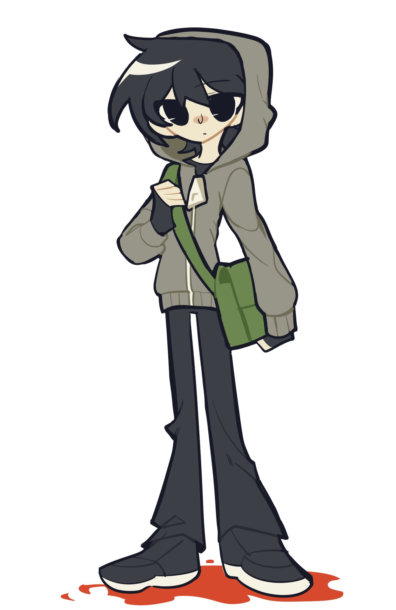 simon henriksson, cry of fear, hashtag-only commentary, highres, 1boy, bag, black eyes, black gloves, black hair, blood, contrapposto, expressionless, fingerless gloves, full body, gam chihot, gloves, grey hoodie, holding, holding bag, hood, hood up, hoodie, looking at viewer, male focus, pool of blood, short hair, shoulder bag, solo, standing