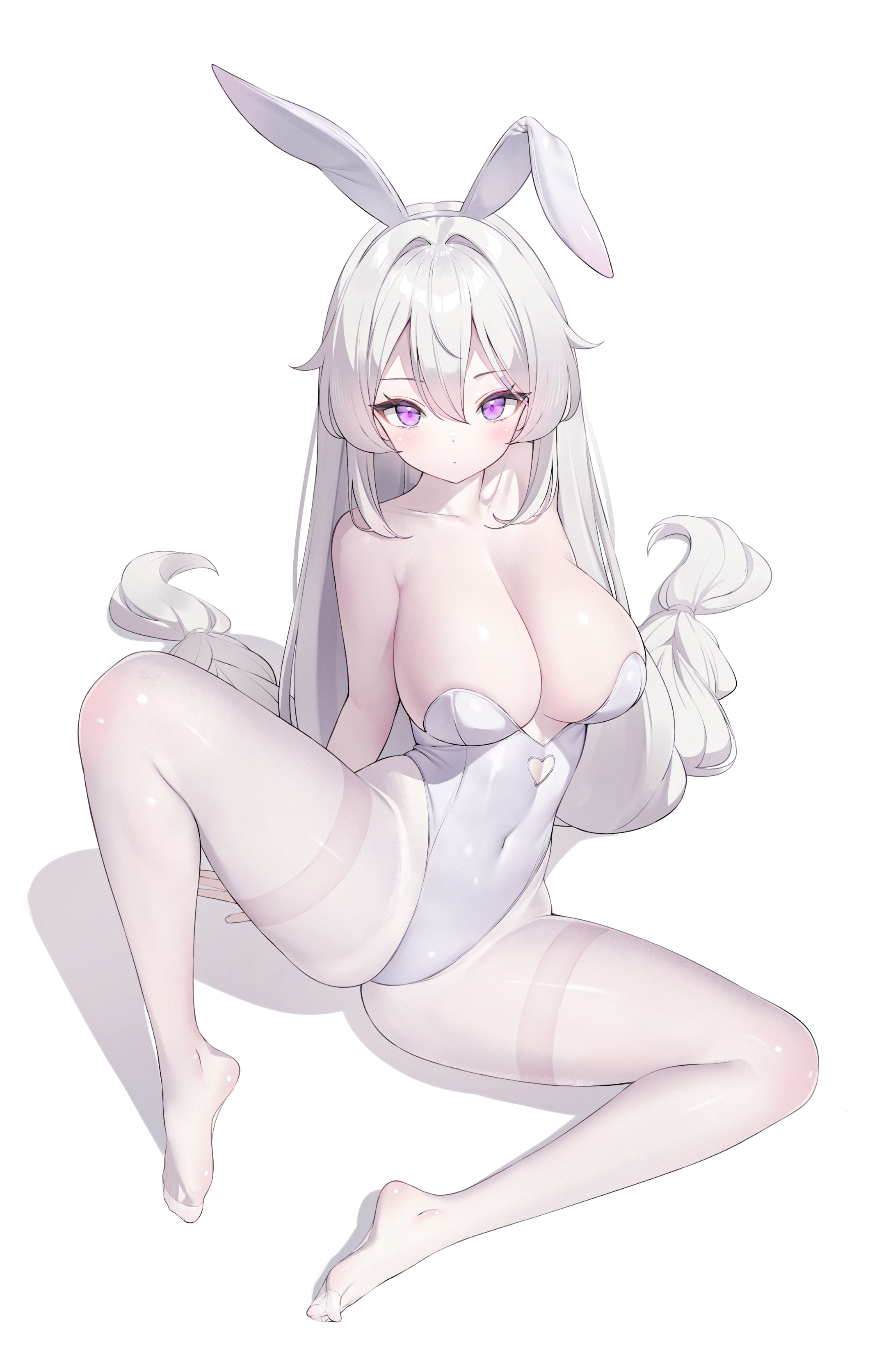 keibeam, original, absurdres, commentary, english commentary, highres, 1girl, animal ear hairband, animal ears, arm support, blush, breasts, clothing cutout, covered navel, cutout above navel, double-parted bangs, fake animal ears, feet, grey hair, hair between eyes, hair intakes, hairband, heart cutout, highleg, highleg leotard, large breasts, leotard, long hair, looking at viewer, no shoes, pantyhose, playboy bunny, purple eyes, rabbit ear hairband, rabbit ears, shadow, simple background, sitting, solo, spread legs, strapless, strapless leotard, thighband pantyhose, toes, very long hair, white background, white leotard, white pantyhose