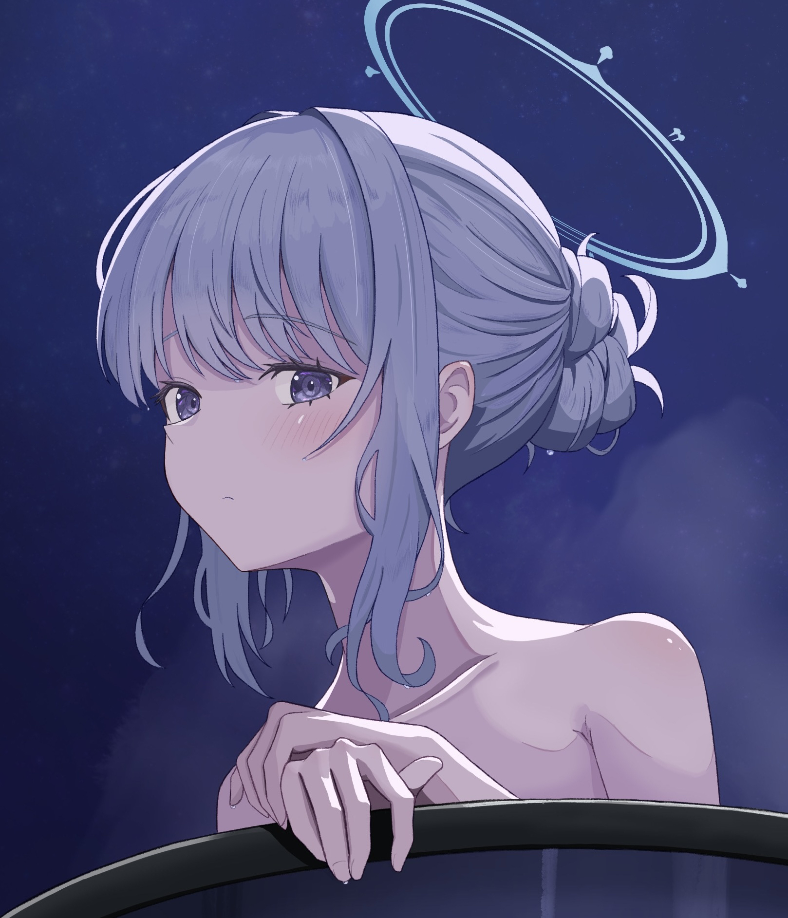 kuronagasu ir, miyako (blue archive), blue archive, commentary, highres, 1girl, alternate hairstyle, backlighting, bare shoulders, barrel, bathing, blue halo, blush, closed mouth, collarbone, eyelashes, frown, hair between eyes, hair bun, halo, hands up, looking at viewer, night, outdoors, own hands together, purple eyes, sidelocks, single hair bun, solo, upper body