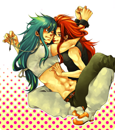 regal bryan, zelos wilder, tales of (series), tales of symphonia, lowres, 00s, blue eyes, blue hair, male focus, red hair