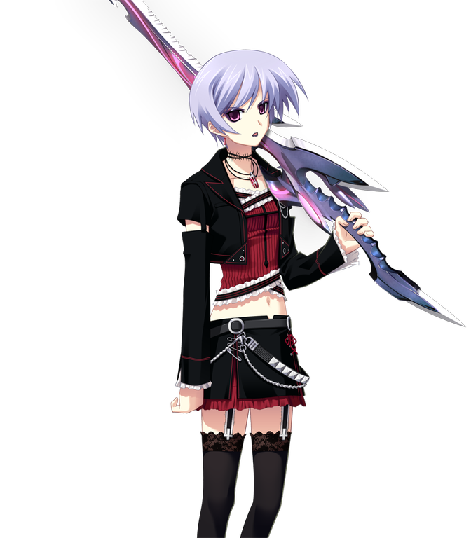 matsuo yukihiro, kishimoto ayase, chaos;head, phantasm, science adventure, non-web source, 1girl, annoyed, belt, black jacket, black lips, black skirt, black thighhighs, blue hair, chain, choker, collarbone, corset, cross, cross print, d-sword, detached sleeves, earrings, frilled corset, frilled skirt, frilled sleeves, frills, garter straps, goth fashion, holding, holding sword, holding weapon, inverted cross, jacket, jewelry, lace, lace-trimmed thighhighs, lace trim, leather, leather jacket, leather skirt, long sleeves, looking at viewer, midriff, miniskirt, navel, open mouth, over shoulder, pink eyes, red corset, red skirt, short hair, skirt, solo, sword, sword over shoulder, thighhighs, weapon, weapon over shoulder