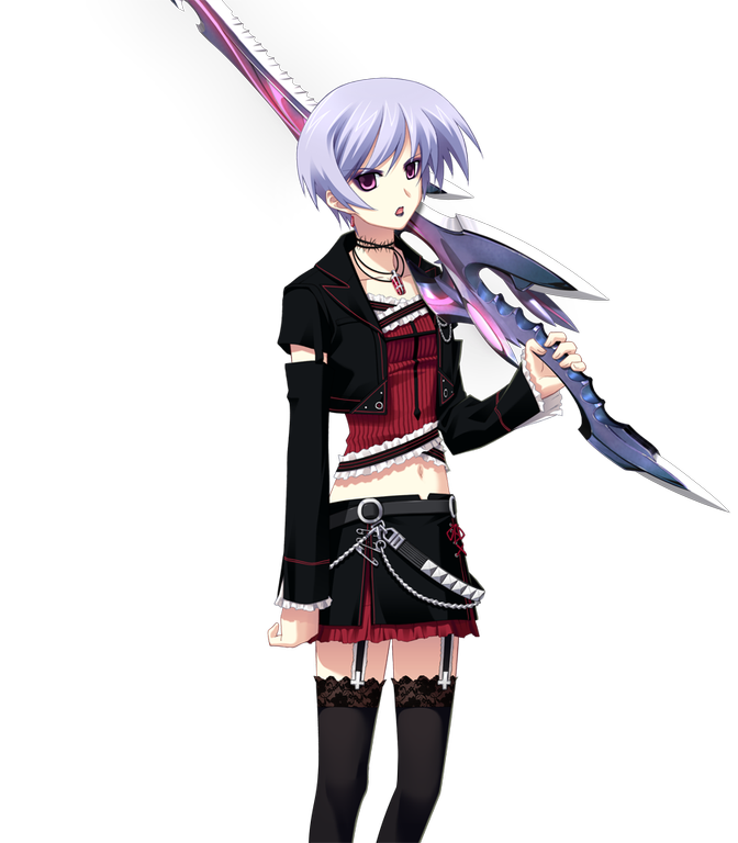 matsuo yukihiro, kishimoto ayase, chaos;head, phantasm, science adventure, non-web source, 1girl, annoyed, belt, black jacket, black lips, black skirt, black thighhighs, blue hair, chain, choker, collarbone, corset, cross, cross print, d-sword, detached sleeves, earrings, frilled corset, frilled skirt, frilled sleeves, frills, garter straps, goth fashion, holding, holding sword, holding weapon, inverted cross, jacket, jewelry, lace, lace-trimmed thighhighs, lace trim, leather, leather jacket, leather skirt, long sleeves, looking at viewer, midriff, miniskirt, navel, open mouth, over shoulder, pink eyes, red corset, red skirt, short hair, skirt, solo, sword, sword over shoulder, thighhighs, weapon, weapon over shoulder