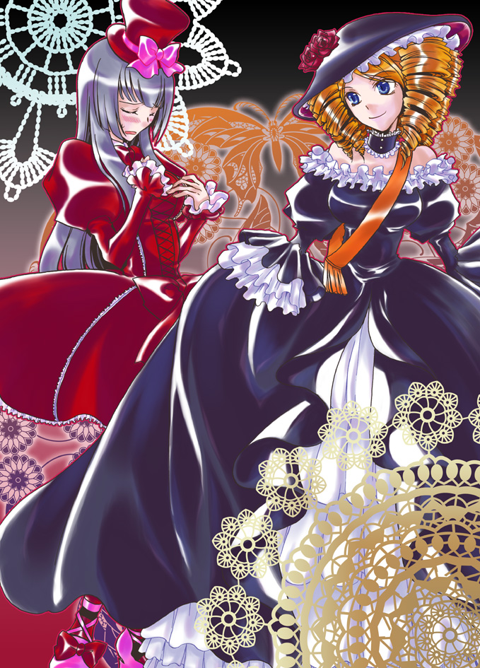 kyouya, gaap (umineko), virgilia (umineko), umineko no naku koro ni, silver hair, 2girls, blonde hair, blue eyes, bow, choker, closed eyes, cosplay, costume switch, dress, drill hair, frills, gaap (cosplay), hat, hime cut, long hair, mini hat, mini top hat, multiple girls, pink bow, top hat, virgilia (cosplay)