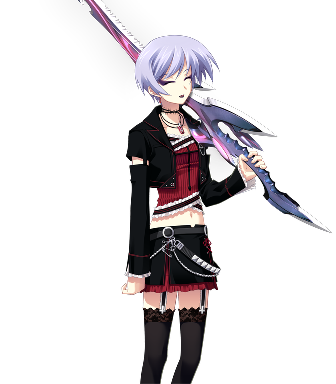 matsuo yukihiro, kishimoto ayase, chaos;head, phantasm, science adventure, non-web source, 1girl, belt, black jacket, black lips, black skirt, black thighhighs, blue hair, chain, choker, closed eyes, collarbone, corset, cross, cross print, d-sword, detached sleeves, earrings, facing viewer, frilled corset, frilled skirt, frilled sleeves, frills, garter straps, goth fashion, holding, holding sword, holding weapon, inverted cross, jacket, jewelry, lace, lace-trimmed thighhighs, lace trim, leather, leather jacket, leather skirt, long sleeves, midriff, miniskirt, navel, open mouth, over shoulder, red corset, red skirt, short hair, skirt, smile, solo, sword, sword over shoulder, thighhighs, weapon, weapon over shoulder