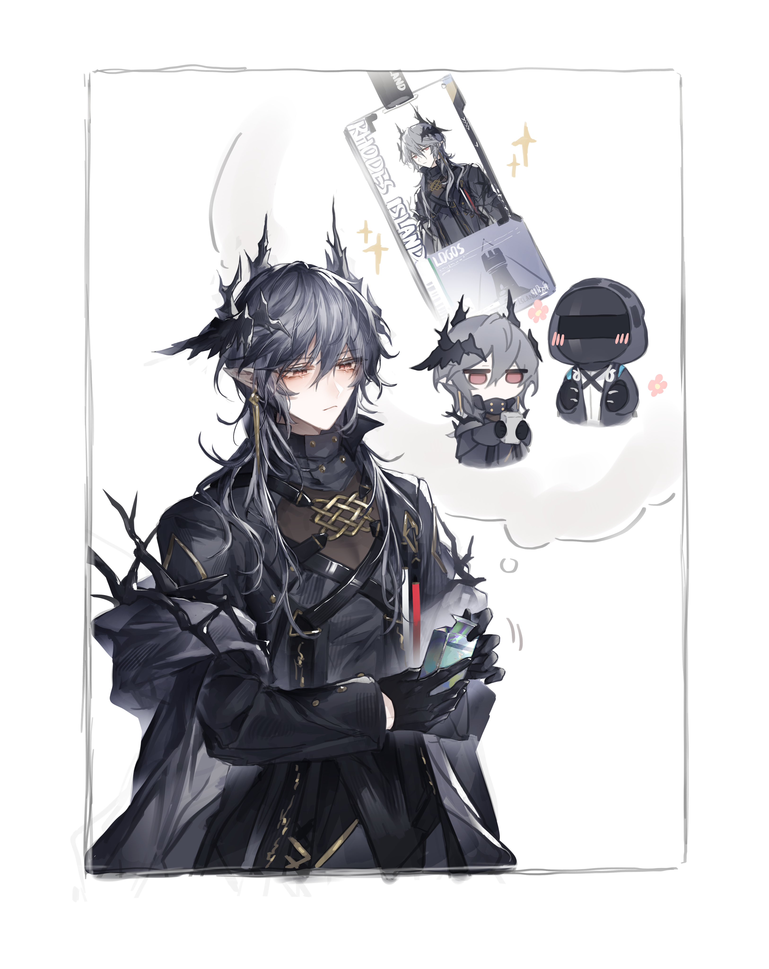 takano jiyuu, doctor (arknights), logos (arknights), arknights, absurdres, highres, 1boy, 1other, black gloves, black jacket, black shirt, blush, cellphone, chibi, closed mouth, demon boy, demon horns, gloves, grey hair, holding, hood, horns, imagining, jacket, long hair, male focus, mole, mole under eye, orange eyes, phone, pointy ears, red eyes, shirt, simple background, sparkle, speech bubble, thought bubble, upper body, white background