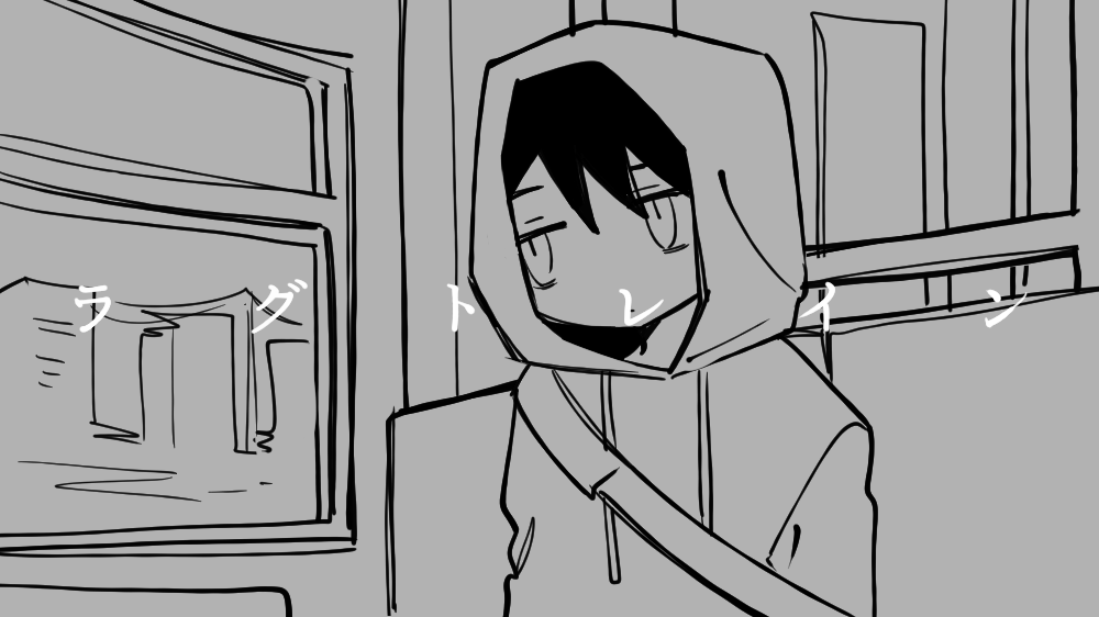 simon henriksson, cry of fear, lagtrain (vocaloid), commentary request, 1boy, black hair, city, exhausted, gam chihot, head tilt, hood, hood up, hoodie, jitome, male focus, parody, power lines, short hair, sitting, solo, train interior, upper body, window