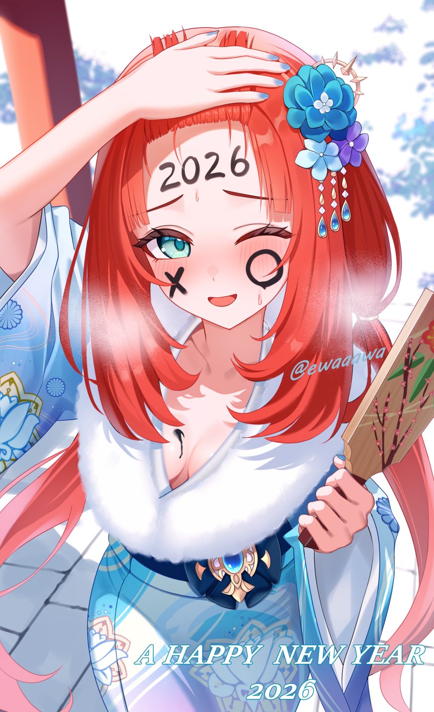 ewaaawa, nilou (genshin impact), genshin impact, blue gem, commentary request, highres, 1girl, 2026, aqua eyes, bangs held back, blue flower, blue kimono, blue nails, blush, body writing, breasts, breasts apart, collarbone, fingernails, floral print, floral print kimono, flower, fur-trimmed kimono, fur trim, gem, hagoita, hair flower, hair ornament, hand up, happy new year, holding, holding paddle, japanese clothes, kimono, long hair, looking at viewer, medium breasts, nail polish, new year, one eye closed, open mouth, paddle, print kimono, red hair, solo, very long hair