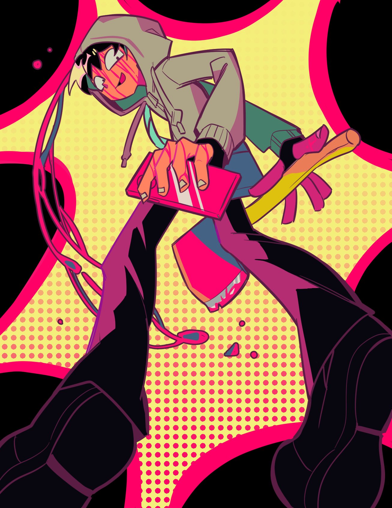 simon henriksson, simon henriksson (book), cry of fear, hashtag-only commentary, highres, 1boy, axe, bag, black hair, blood, blood from forehead, blood on hands, blood splatter, bloody weapon, constricted pupils, crazy grin, fire axe, from below, full body, gam chihot, grey hoodie, halftone, holding, holding axe, holding phone, hood, hood up, hoodie, looking at viewer, male focus, outstretched arm, phone, short hair, shoulder bag, solo, weapon