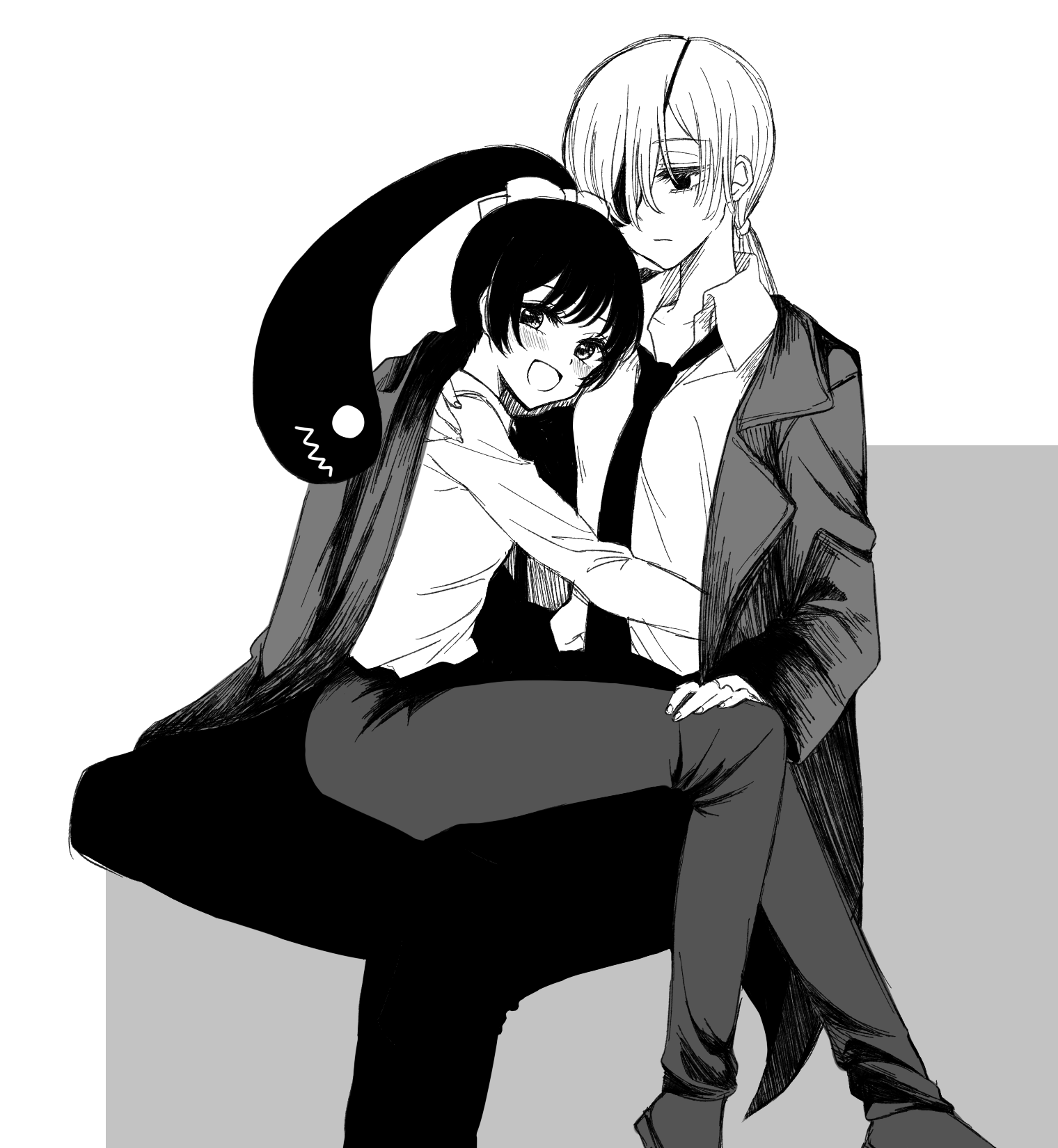 sou (mgn), pingtsi (chainsaw man), quanxi (chainsaw man), chainsaw man, commentary request, highres, 2girls, black jacket, black necktie, black pants, black suit, braid, braided ponytail, breasts, business suit, collared shirt, eyepatch, formal clothes, jacket, living hair, long hair, multiple girls, necktie, one eye covered, pant suit, pants, shirt, shirt tucked in, smile, suit, suit jacket