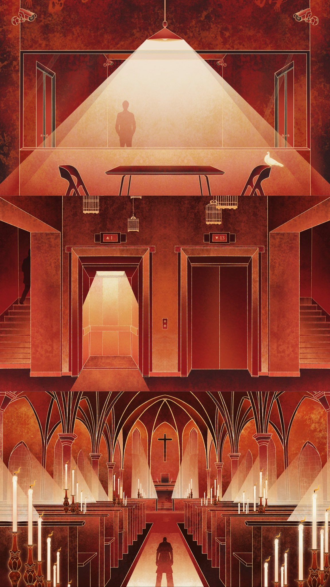 huaepiphany, character request, commentary, english commentary, highres, official art, 3boys, architecture, bird, birdcage, building, cage, camera, cathedral, chair, church, cross, dove, elevator, indoors, lamp, multiple boys, pew, red theme, scenery, security camera, shadow, silhouette, stairs, standing, table, weixian renge