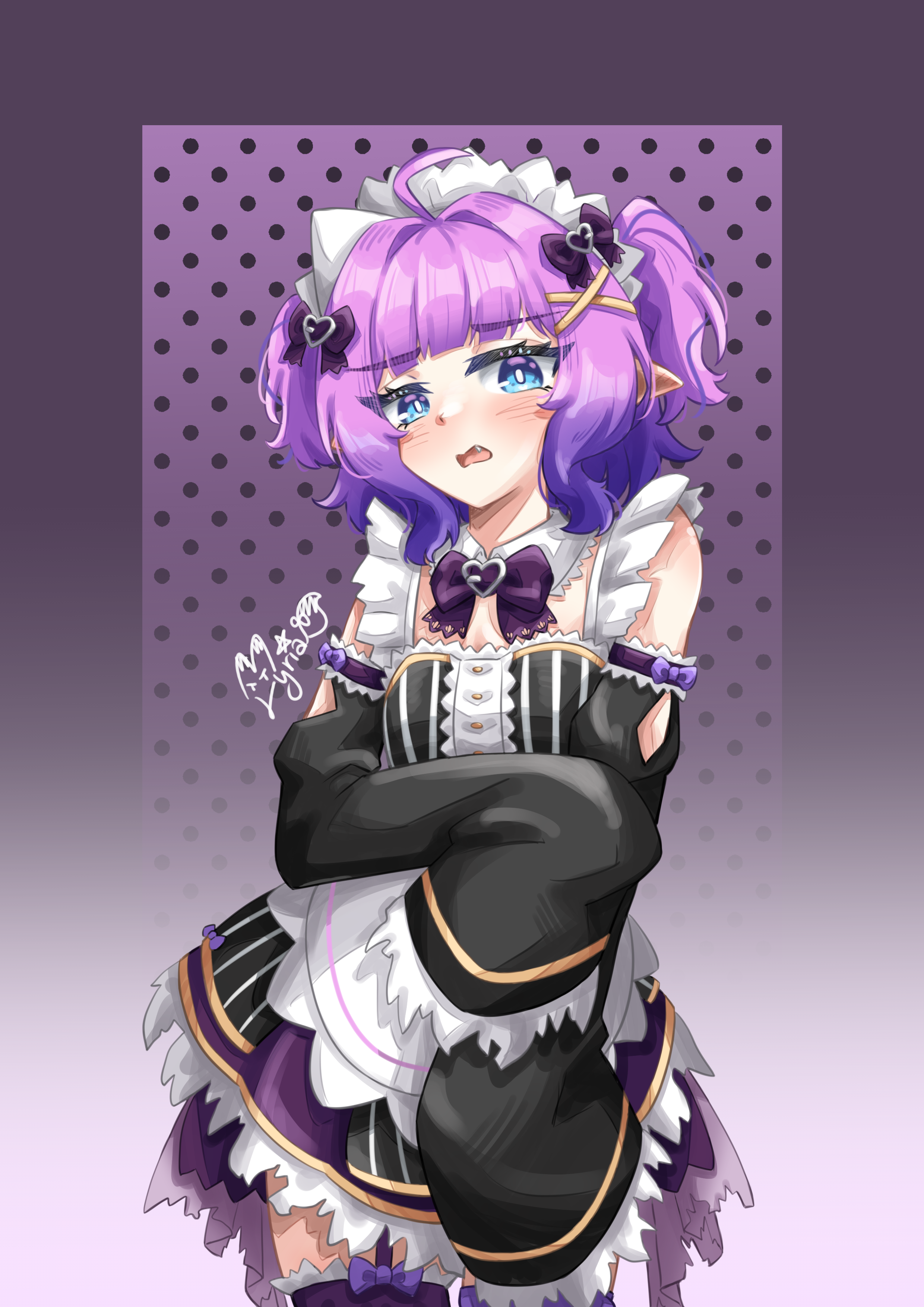 lyriasshin, mint fantome, mint fantome (minto 2.0), indie virtual youtuber, absurdres, commentary request, highres, 1girl, alternate color, black dress, black sleeves, blue eyes, dress, embarrassed, fang, ghost girl, gradient hair, hair ornament, looking at viewer, maid, maid headdress, multicolored hair, pointy ears, polka dot, polka dot background, purple hair, sleeves past fingers, sleeves past wrists, solo, triangular headpiece, virtual youtuber, x hair ornament