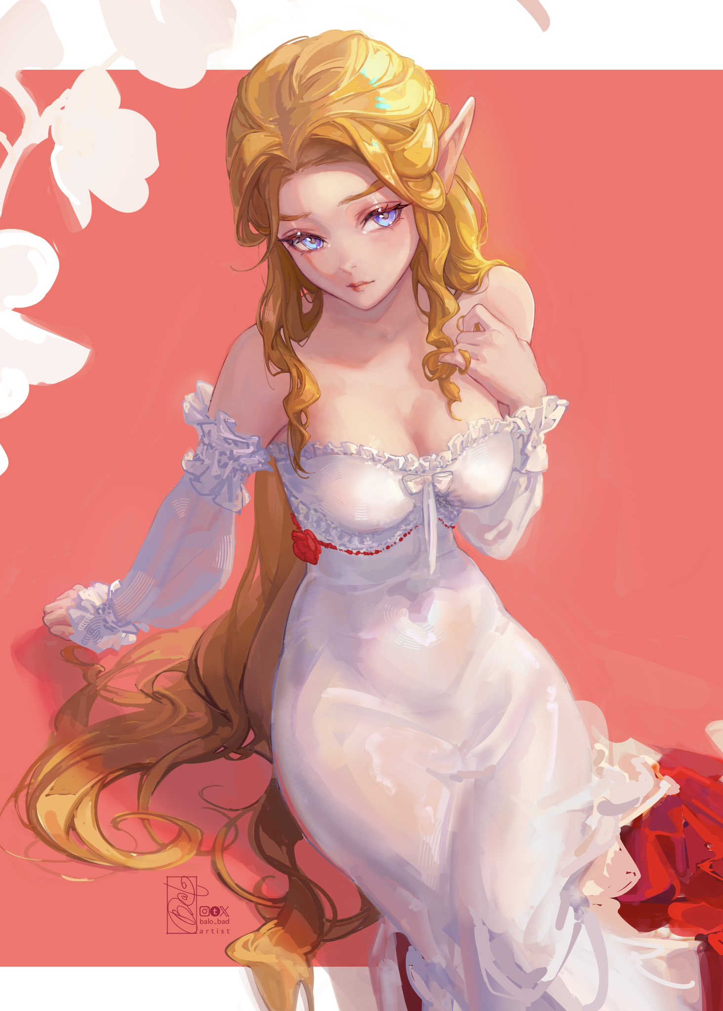 balo badartist, princess zelda, nintendo, the legend of zelda, commentary, highres, symbol-only commentary, 1girl, artist name, bare shoulders, blue eyes, breasts, cleavage, detached sleeves, dress, dress flower, flower, hand on own chest, long dress, long hair, medium breasts, parted bangs, pink background, pointy ears, red flower, red rose, rose, sidelocks, sitting, solo, wavy hair, white dress, white sleeves