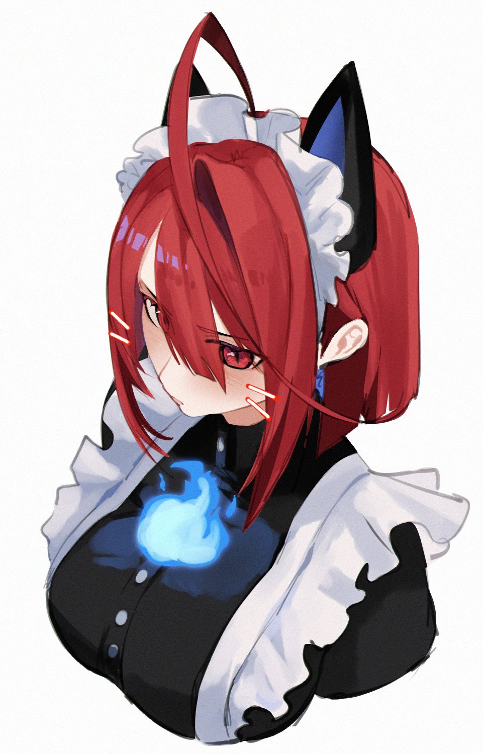 yuq ui, elizabeth rose bloodflame, hololive, hololive english, hashtag-only commentary, highres, 1girl, ahoge, alternate hair length, alternate hairstyle, animal ears, blue fire, breasts, cat ears, fire, huge ahoge, red eyes, red hair, short hair, simple background, solo, upper body, virtual youtuber, whiskers, white background