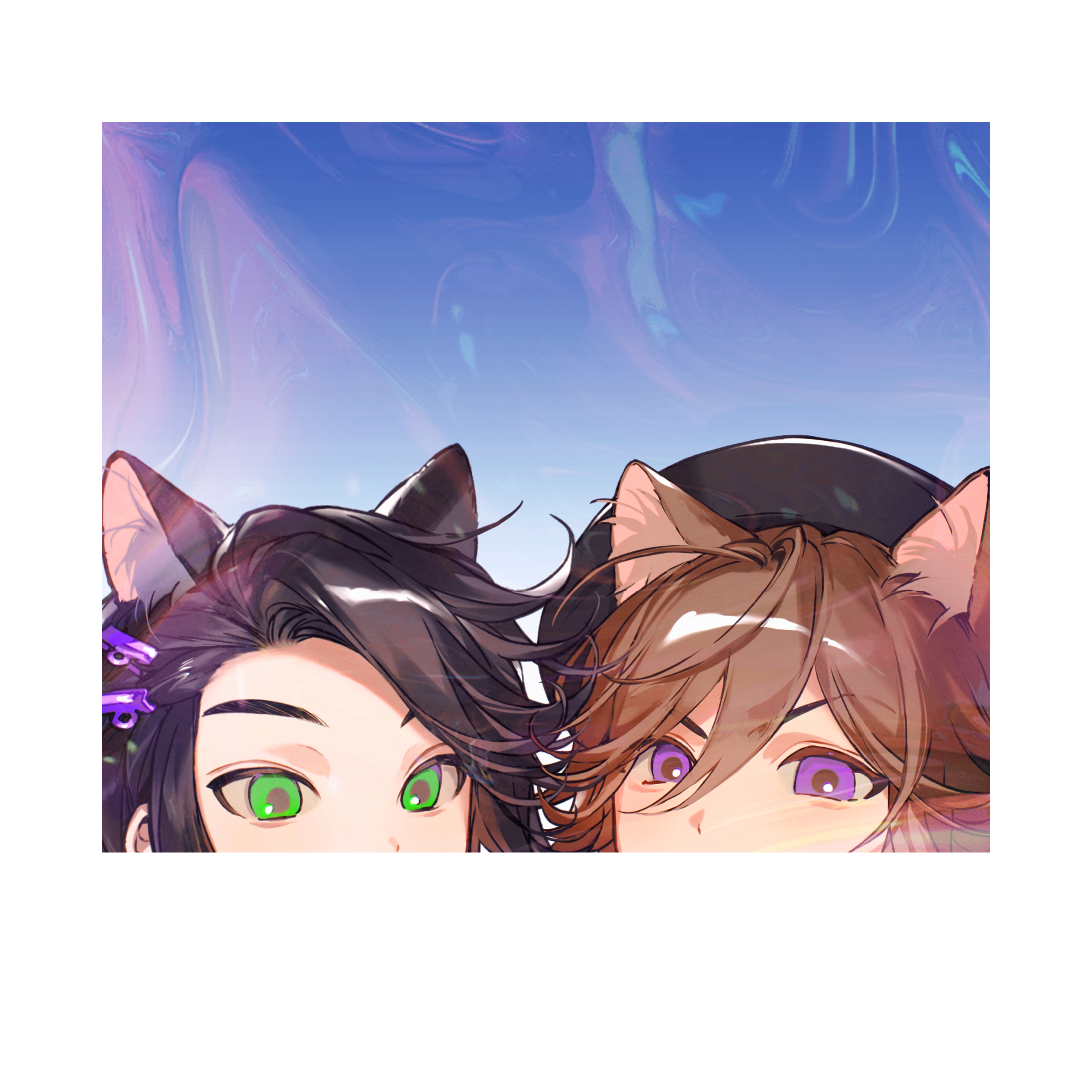 hanaseto, hidari shoutarou, philip (kamen rider), kamen rider, kamen rider w, absurdres, highres, 2boys, animal ear fluff, animal ears, black hair, black hat, blue background, border, brown hair, cat ears, distortion, green eyes, hair between eyes, hat, kemonomimi mode, long bangs, male focus, multiple boys, purple eyes, tareme, tsurime, white border