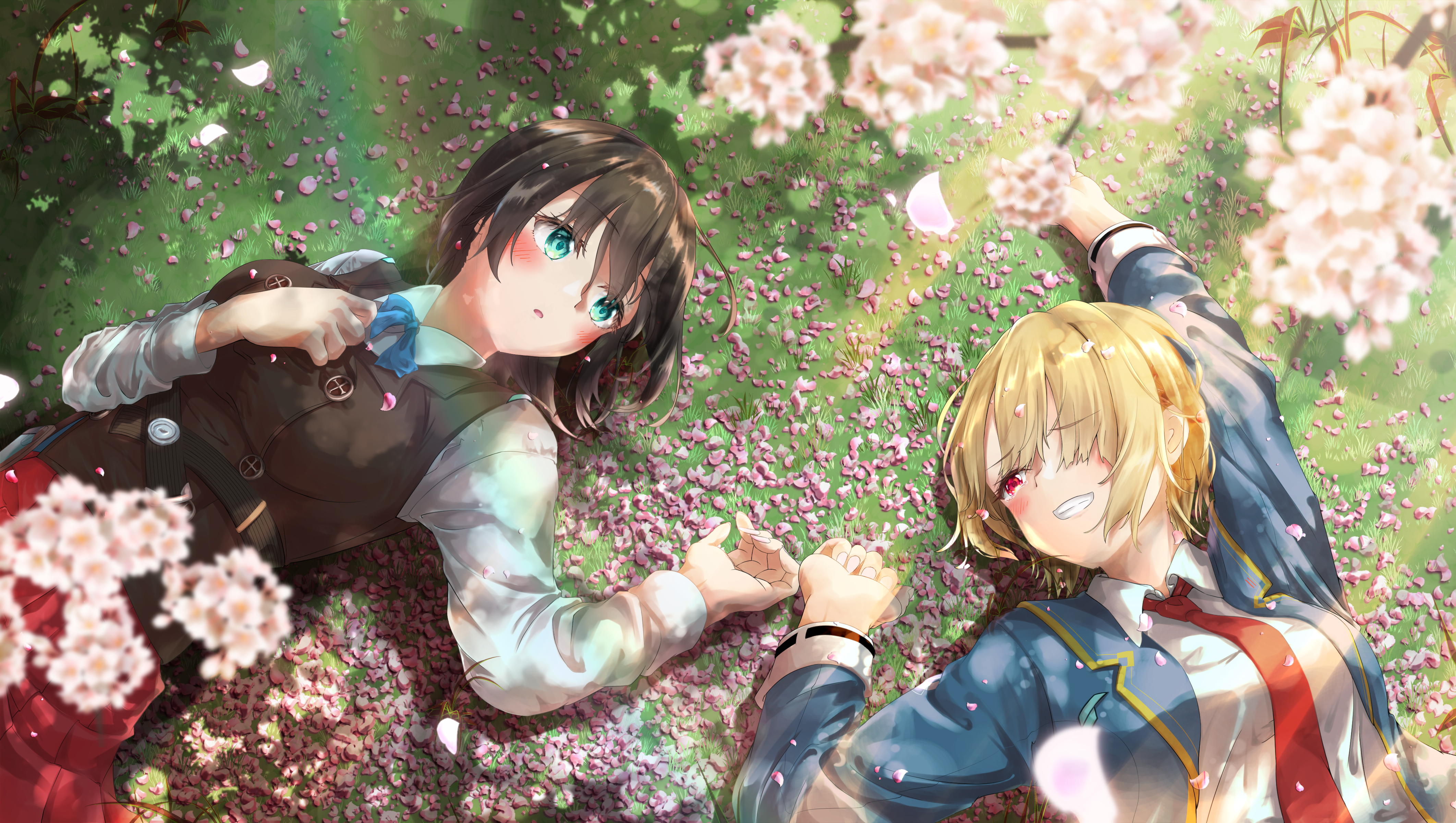 user ehmg4432, aoi erika, kayamori ruka, heaven burns red, absurdres, commentary request, highres, 2girls, black hair, blonde hair, cherry blossoms, green eyes, lying, multiple girls, neck ribbon, necktie, on back, on grass, red eyes, ribbon, school uniform, short hair