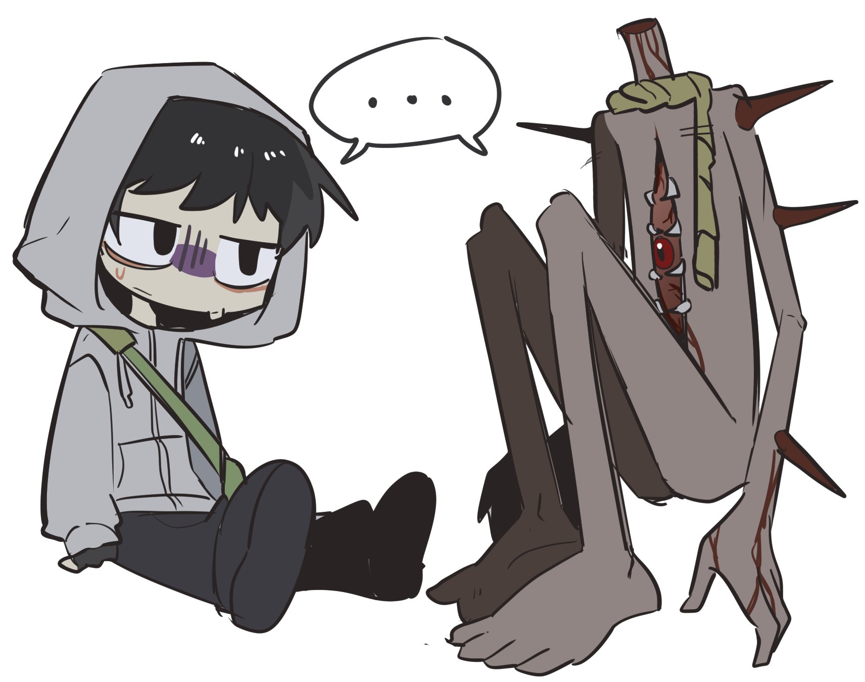 simon henriksson, cry of fear, commentary request, highres, korean commentary, …, 1boy, arm spikes, bag, black eyes, black gloves, black hair, creature, fingerless gloves, full body, gam chihot, gloves, grey hoodie, head tilt, headless, hood, hood up, hoodie, looking at another, scarf, shared speech bubble, short hair, shoulder bag, shoulder spikes, sitting, speech bubble, spikes, spoken ellipsis, sweatdrop, vertical mouth