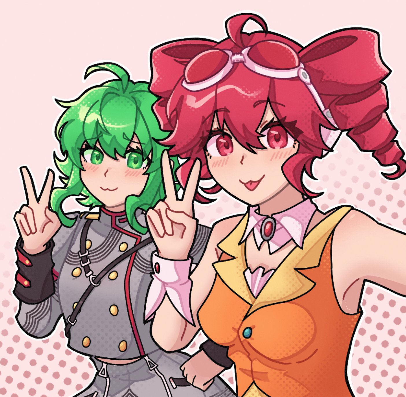 gumi, kasane teto, kasane teto (sv), synthesizer v, vocaloid, commentary, english commentary, highres, breasts, buttons, cosplay, costume switch, detached sleeves, double-breasted, drill hair, goggles, goggles on head, green eyes, green hair, grey jacket, gumi (cosplay), gumitetoyuri, headset, jacket, kasane teto (cosplay), red eyes, red hair, smile, twin drills