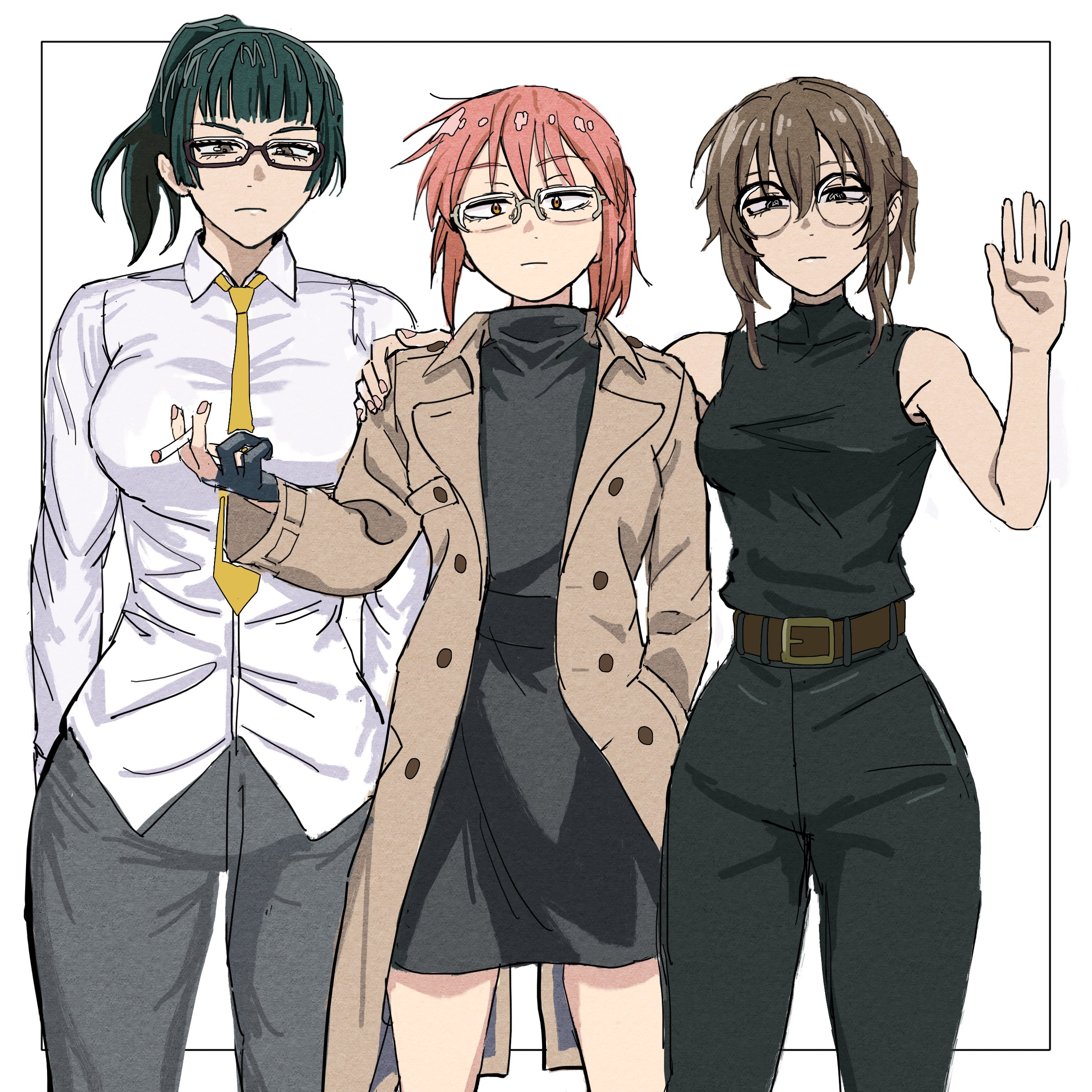 reiquant, kobayashi (maidragon), uguisu anko, zen'in maki, jujutsu kaisen, kobayashi-san chi no maidragon, yofukashi no uta, absurdres, highres, 3girls, belt buckle, breasts, brown hair, buckle, cigarette, cosplay, costume switch, glasses, green hair, holding, holding cigarette, large breasts, long coat, medium breasts, multiple girls, necktie, orange hair, shirt, simple background, skirt, sleeveless, small breasts, white background, white shirt
